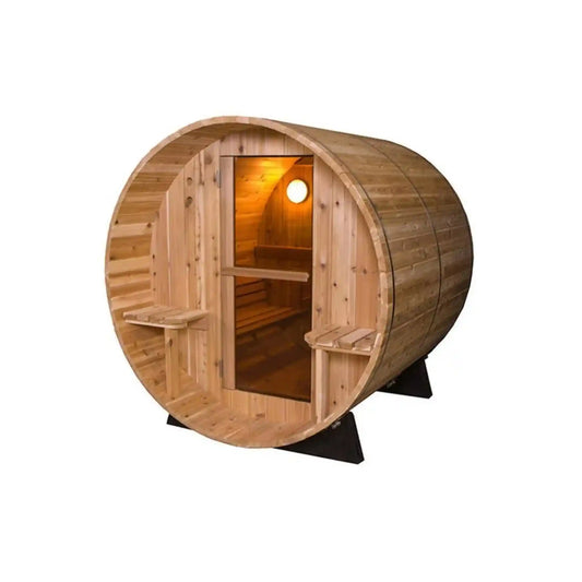 Wooden barrel sauna on white background