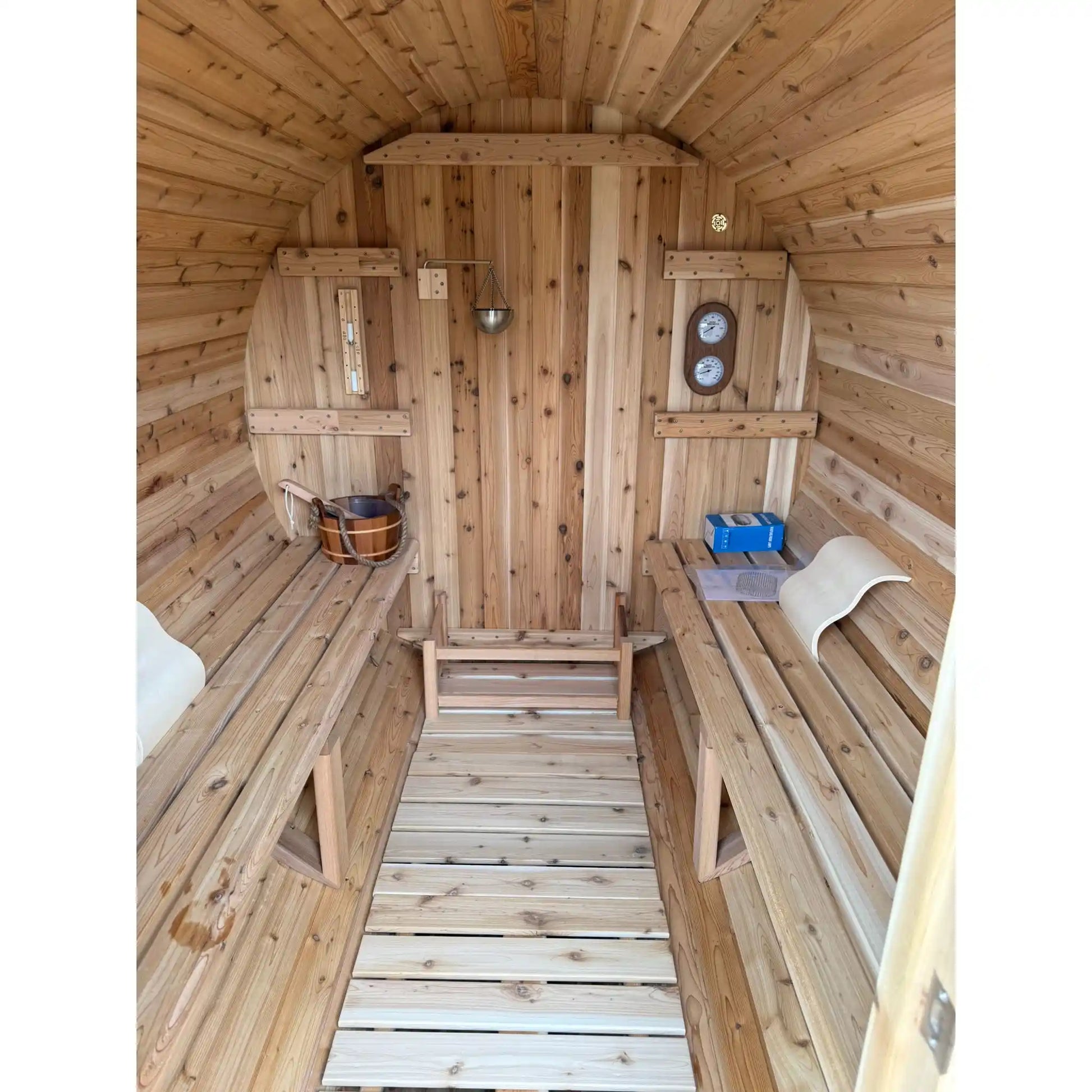 Inside of a wooden barrel sauna