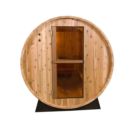 Wooden barrel-shaped sauna with a glass door on a white background