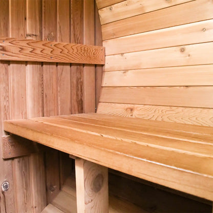 Wooden bench and wall in a sauna setting