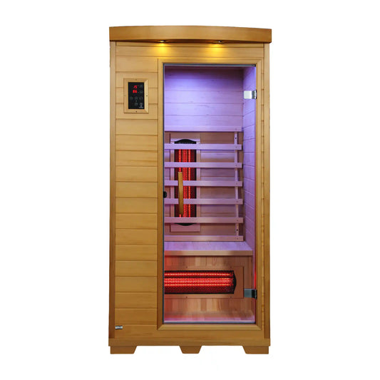 Wooden infrared sauna with glowing lights on a white background