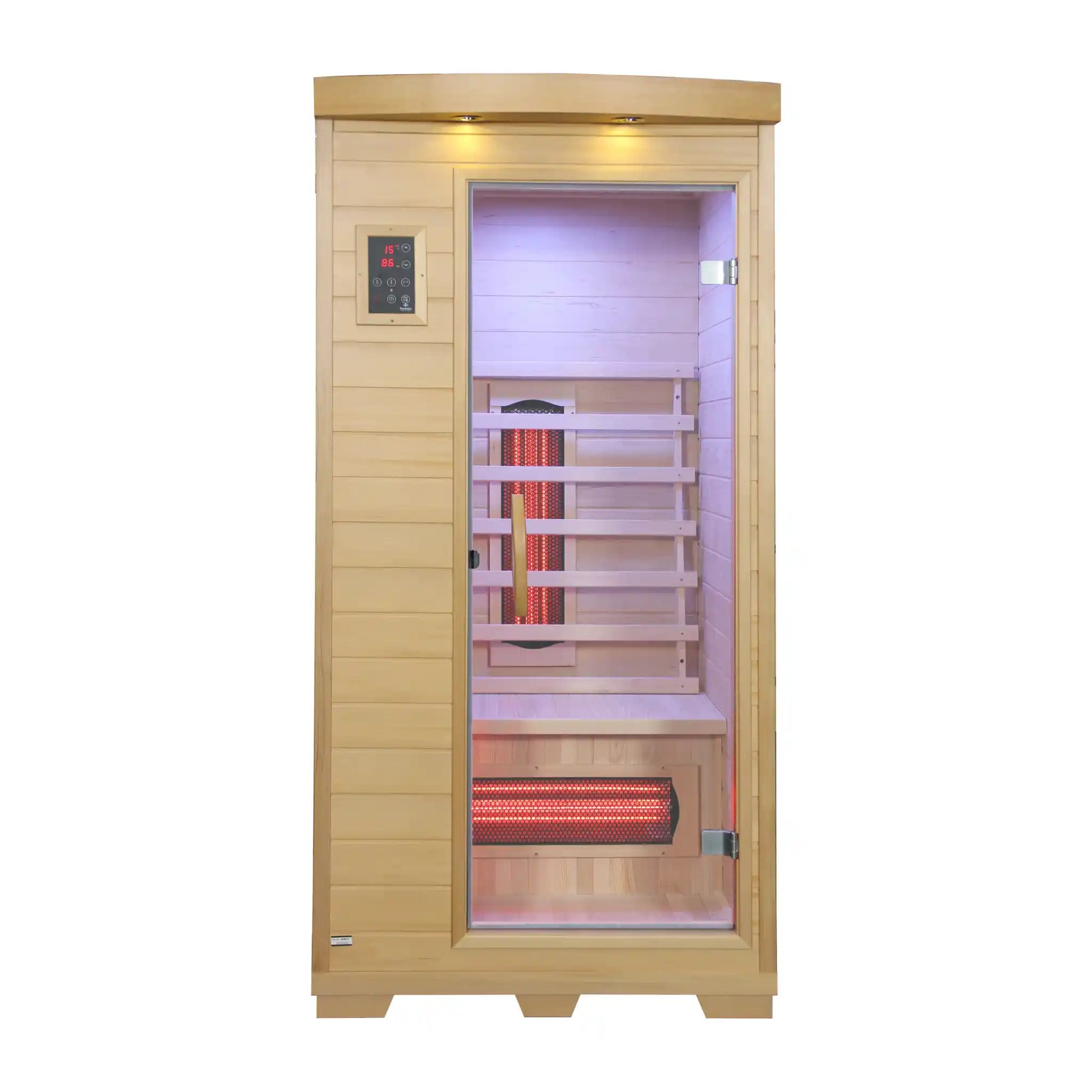 Infrared sauna with wooden exterior and glowing interior on a white background