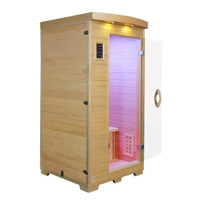 Wooden infrared sauna with a digital control panel on a white background