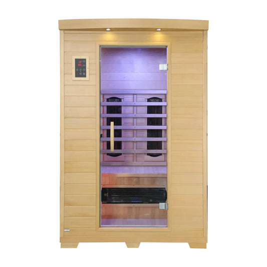 Wooden infrared sauna with glowing elements on a white background