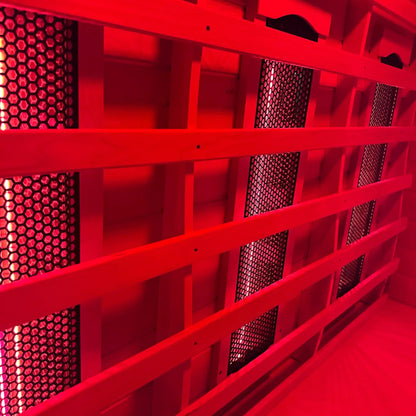 Red light panel inside infrared sauna 