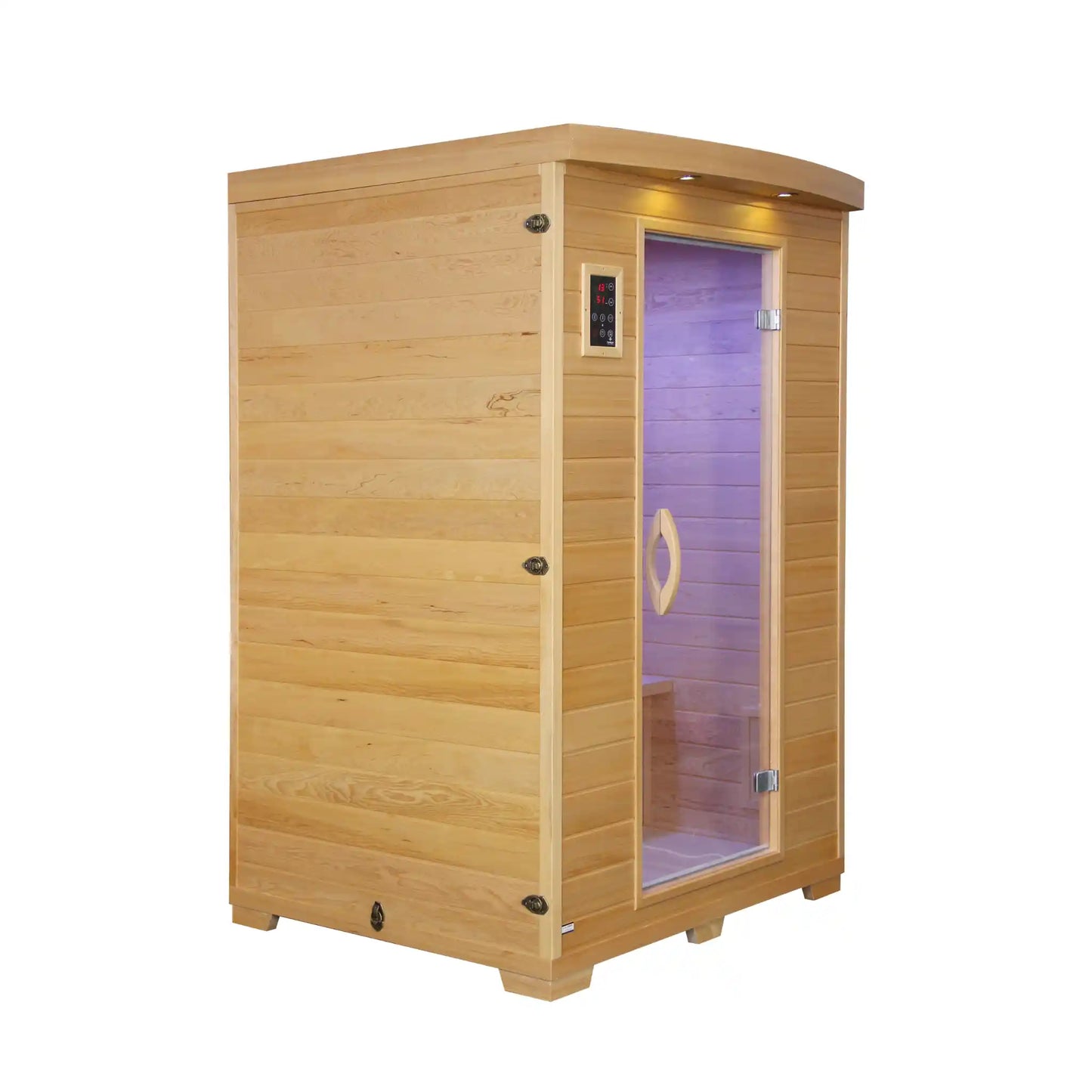 Wooden infrared sauna with a purple interior on a white background