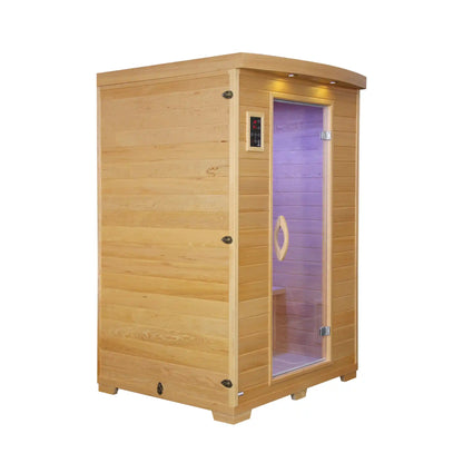 Wooden infrared sauna with a purple interior on a white background