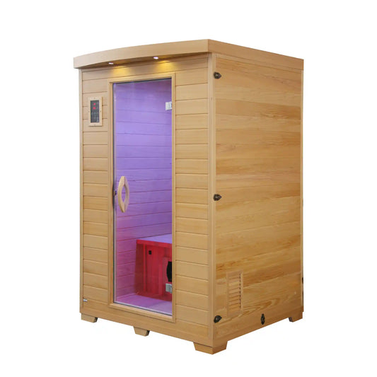 Wooden infrared sauna with a purple light interior on a white background