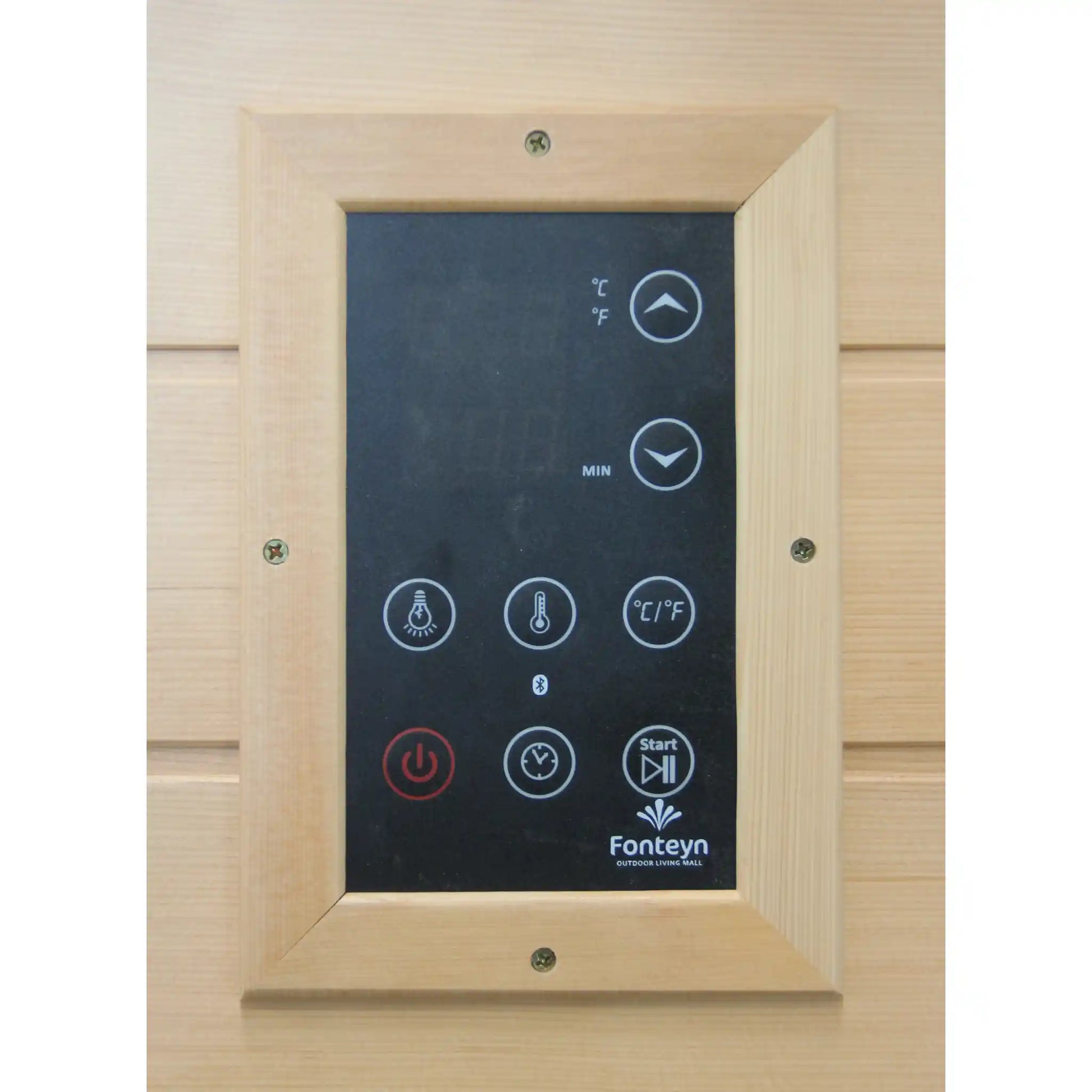 Control panel with icons and text on a wooden background