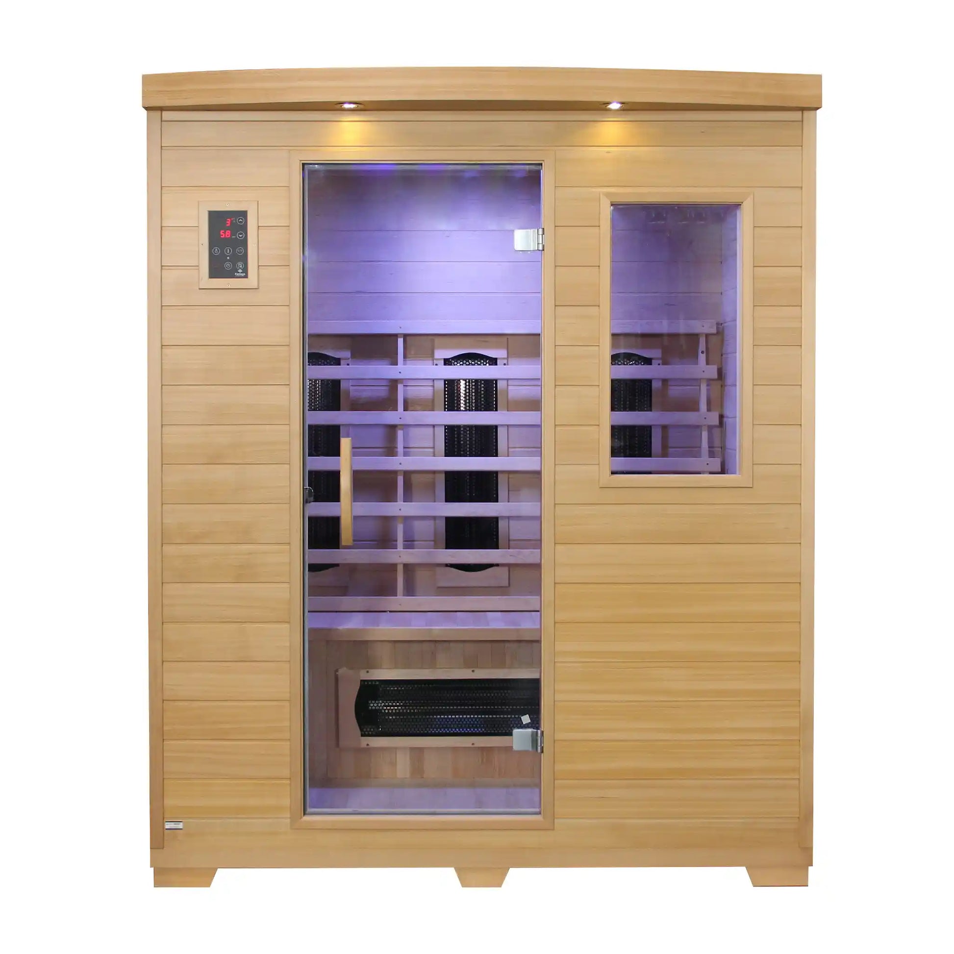 Wooden infrared sauna with glass door on a white background