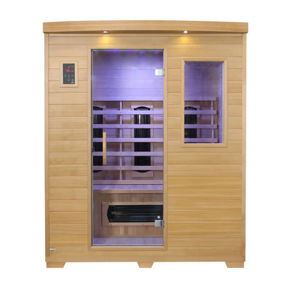 Wooden infrared sauna with glass door on a white background