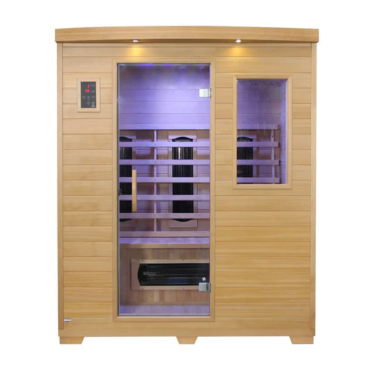 Wooden infrared sauna with glass door on a white background