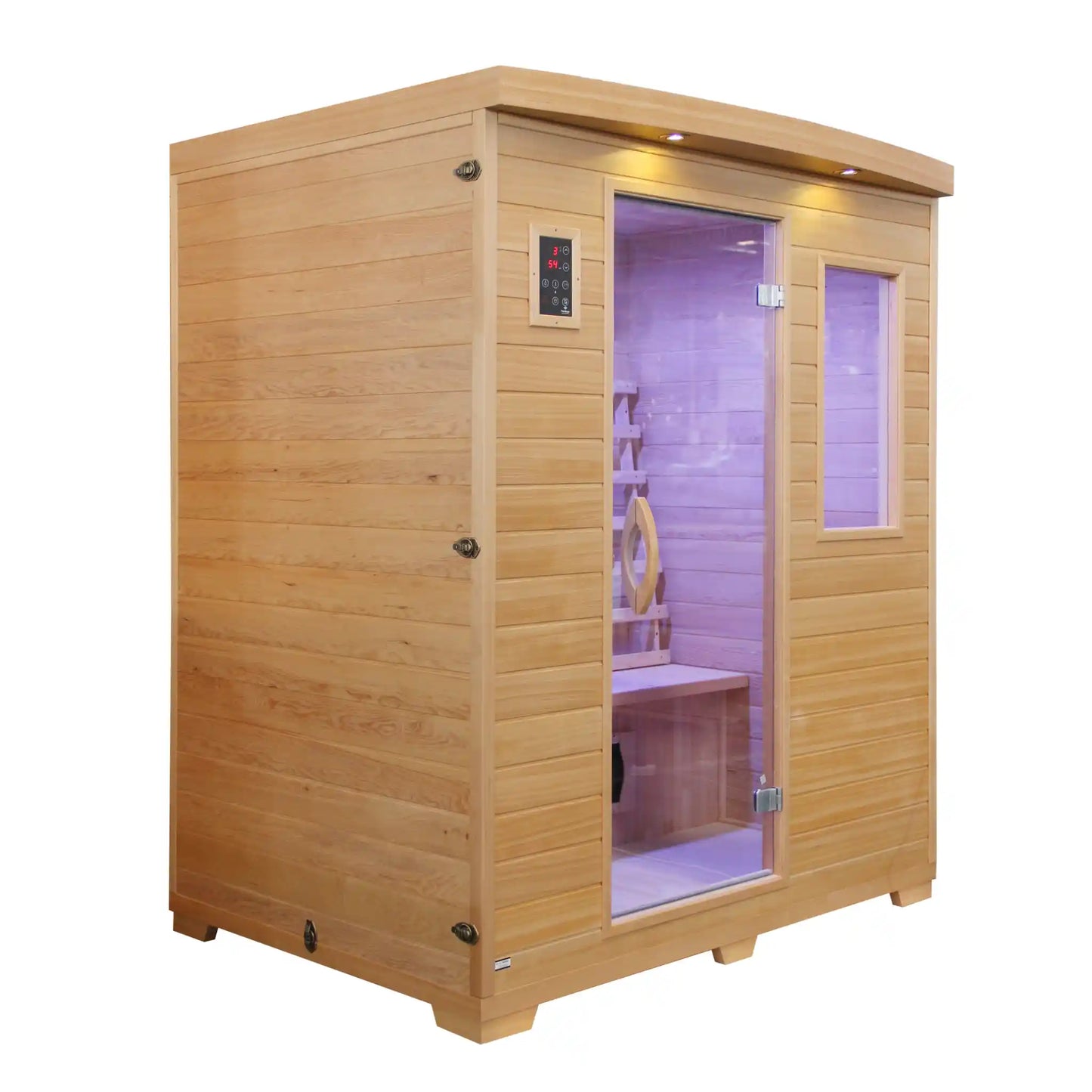 Wooden infrared sauna with a glass door on a white background
