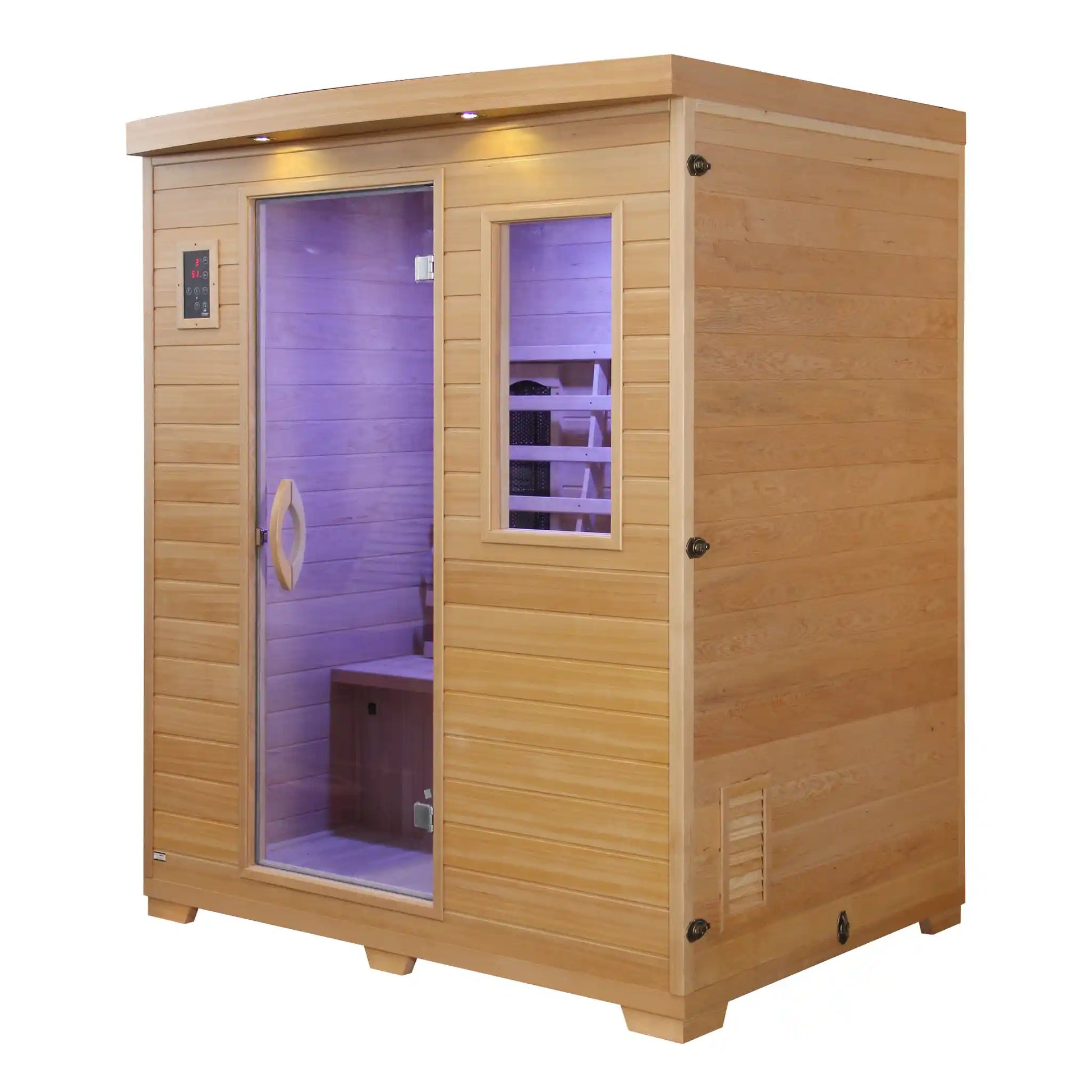 Wooden sauna with open door on a white background