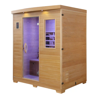 Wooden sauna with open door on a white background