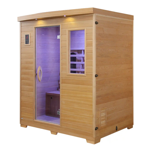 Wooden sauna with open door on a white background