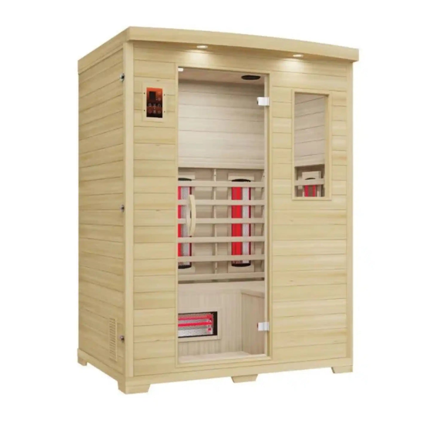 Wooden sauna with interior lights on a white background