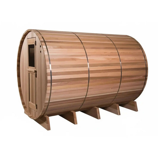 Wooden barrel-shaped sauna on a white background
