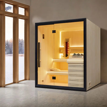 Wooden sauna with black frame in simplistic modern room with large windows