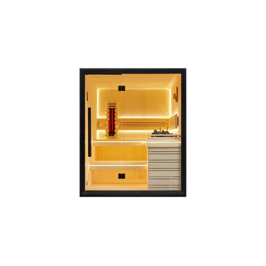 Wooden sauna with black frame on white background