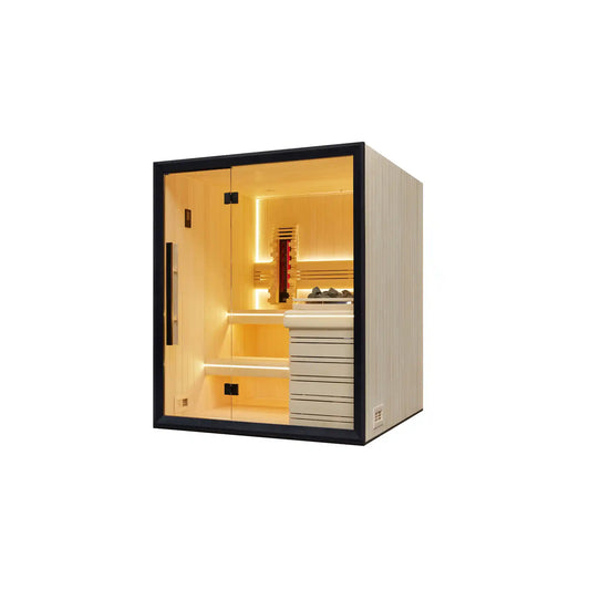 Wooden sauna with black frame on white background