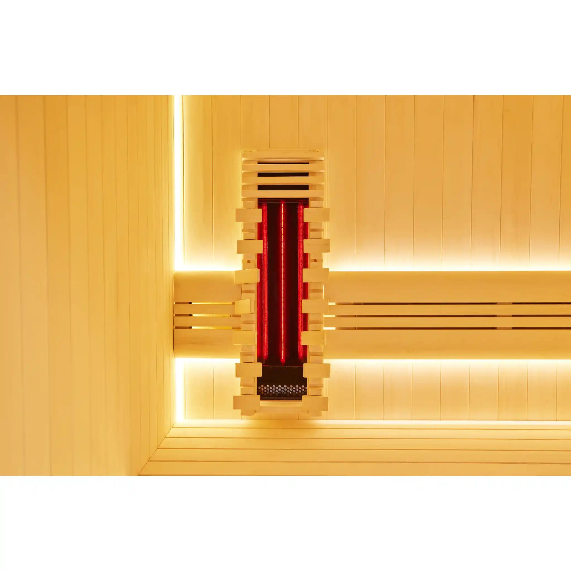 Infrared heater inside wooden sauna