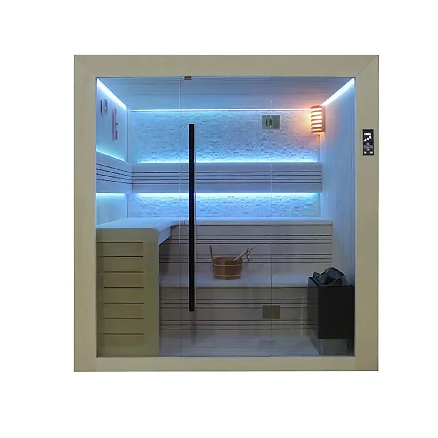 Infrared sauna with LED lighting and wooden bench on a white background
