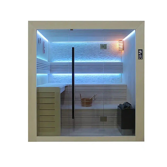 Infrared sauna with LED lighting and wooden bench on a white background