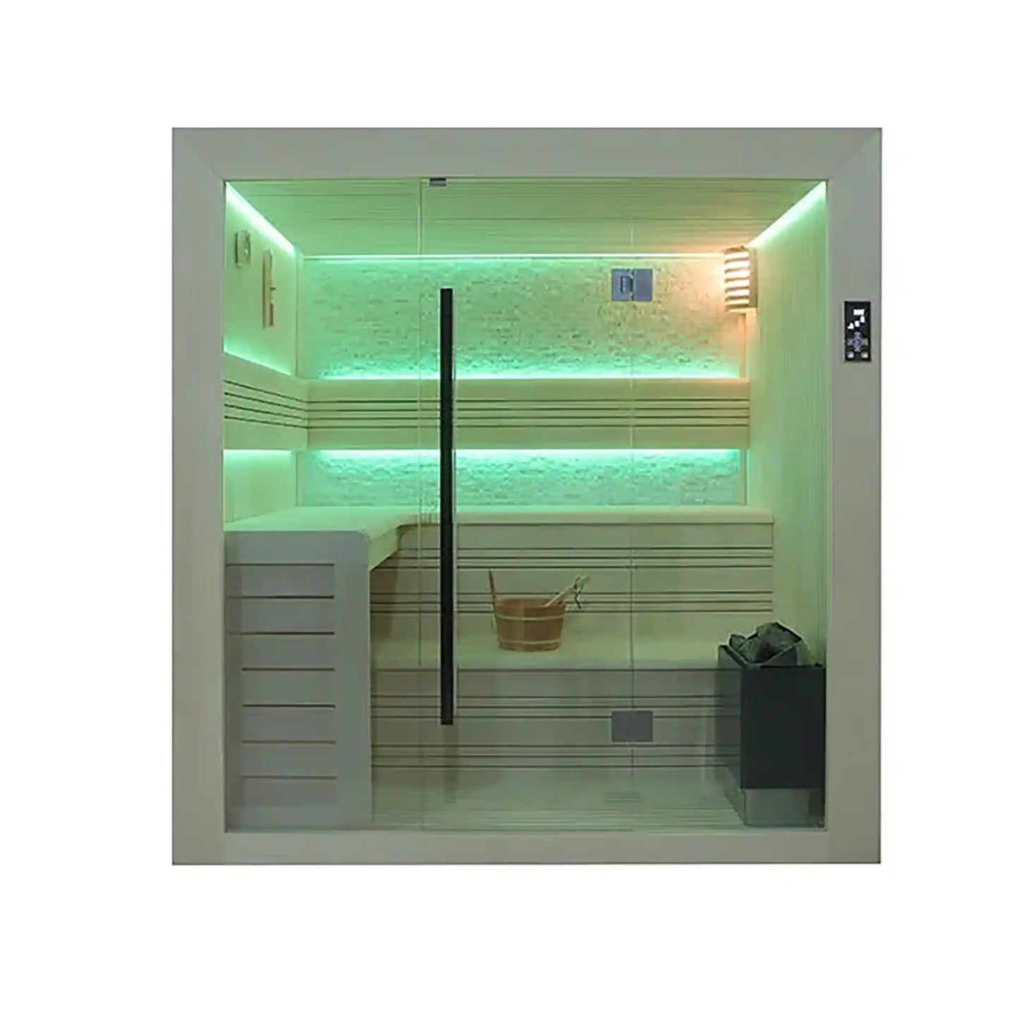Modern sauna room with green LED lighting on a white background