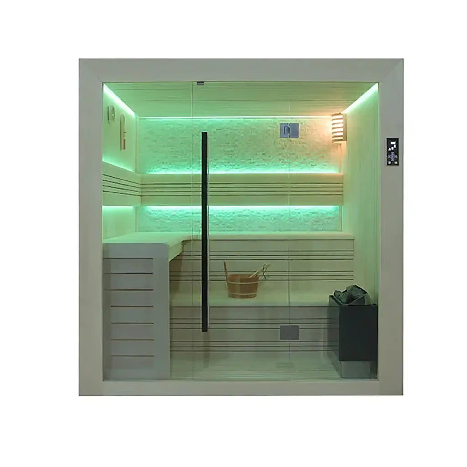Modern sauna room with green LED lighting on a white background
