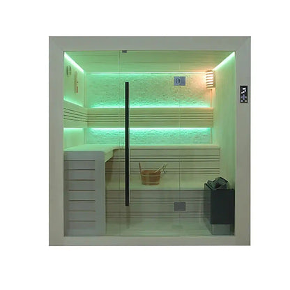 Modern sauna room with green LED lighting on a white background