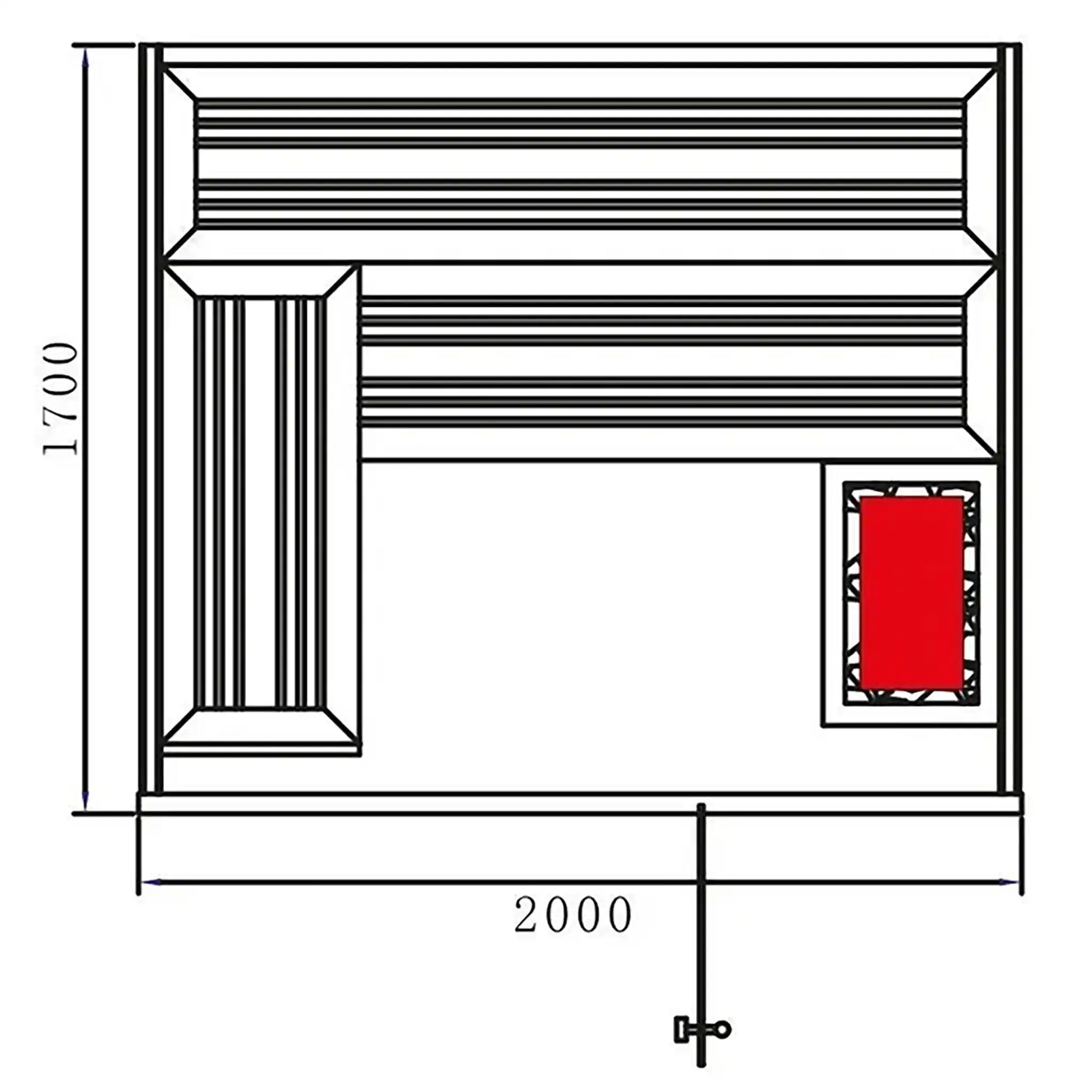 Drawing of aerial view of inside of sauna with external dimensions