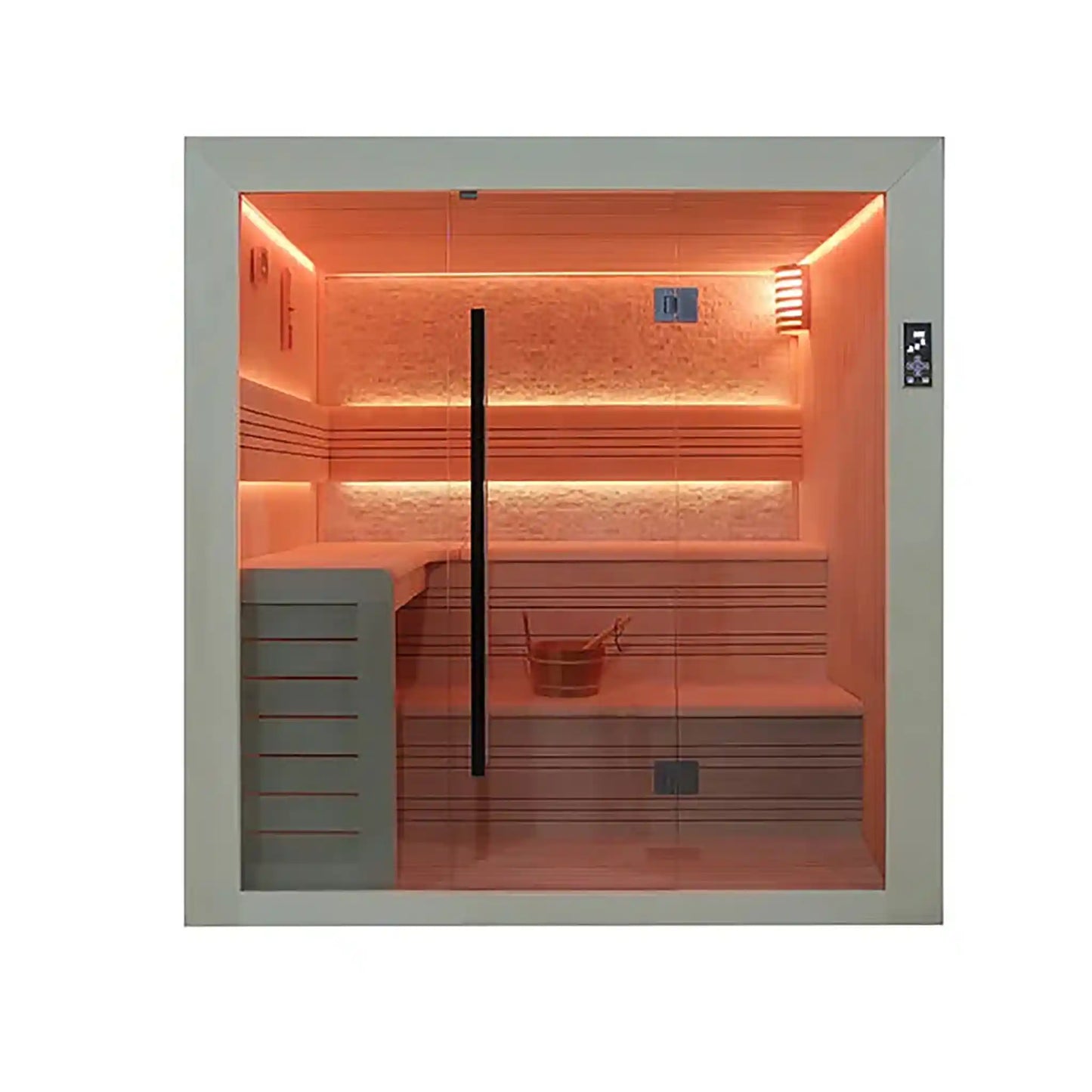 Infrared sauna with interior lights on a white background