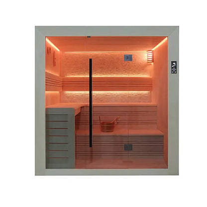 Infrared sauna with interior lights on a white background