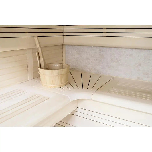 Wooden sauna with a bucket and ladle on bench 