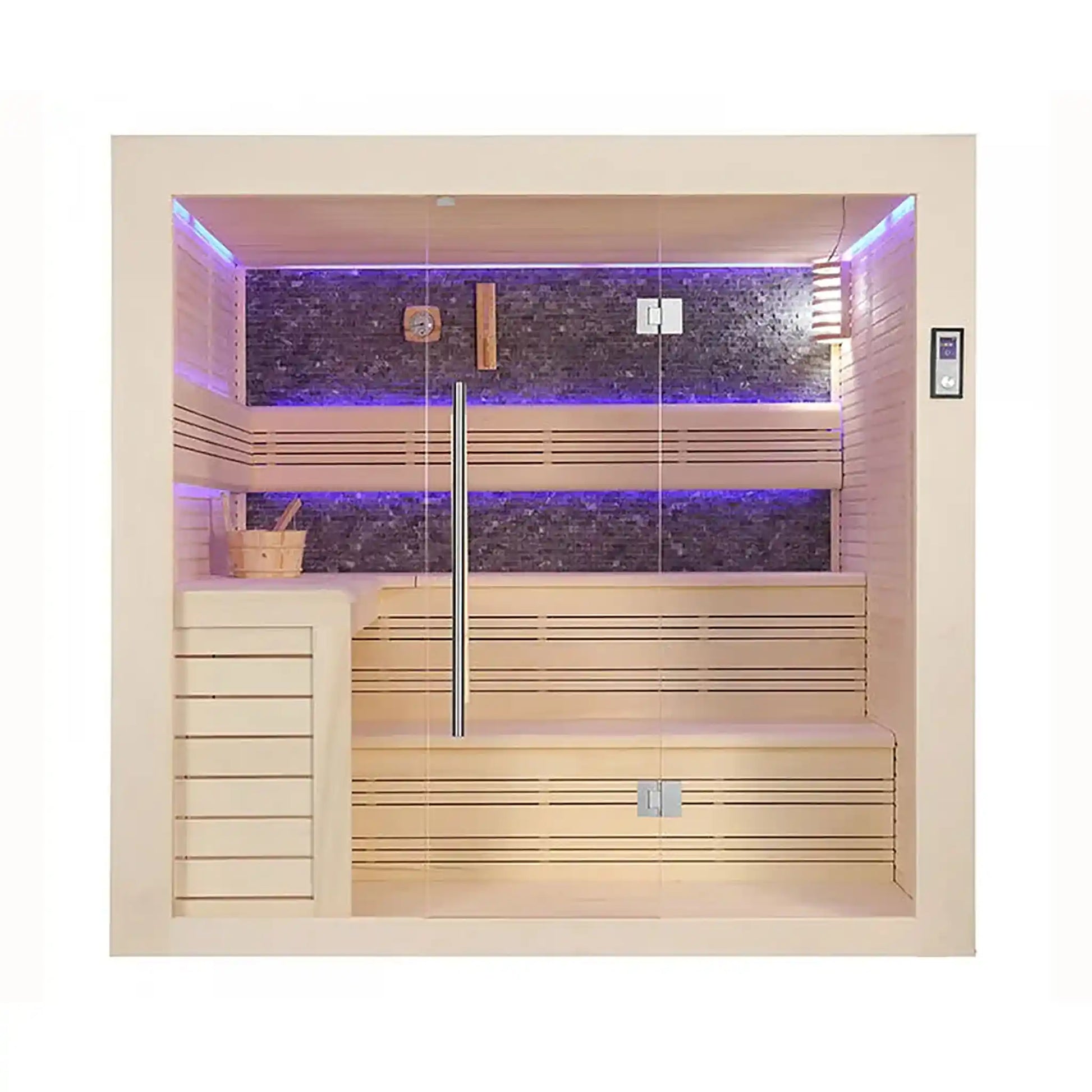 Finnish sauna with LED lighting and wooden interior