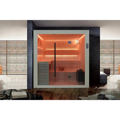 Modern interior with a sauna room illuminated by warm light, surrounded by a living area.