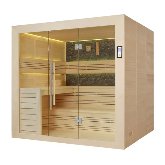 Wooden sauna with glass door on a white background