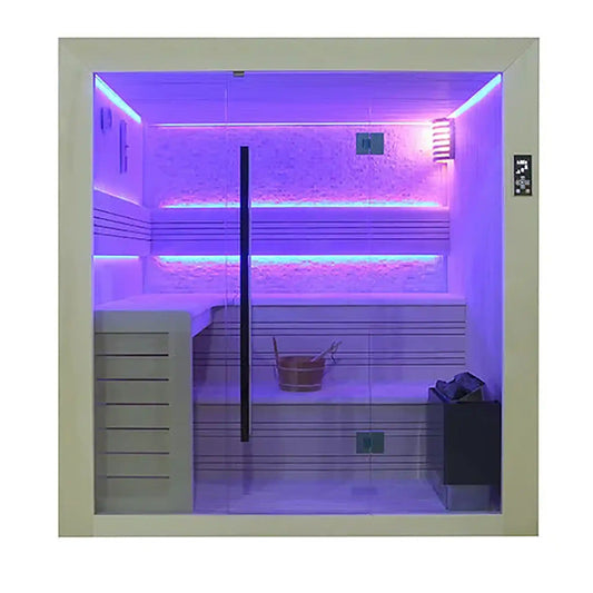 Infrared sauna with purple LED lighting and a wooden bucket inside.
