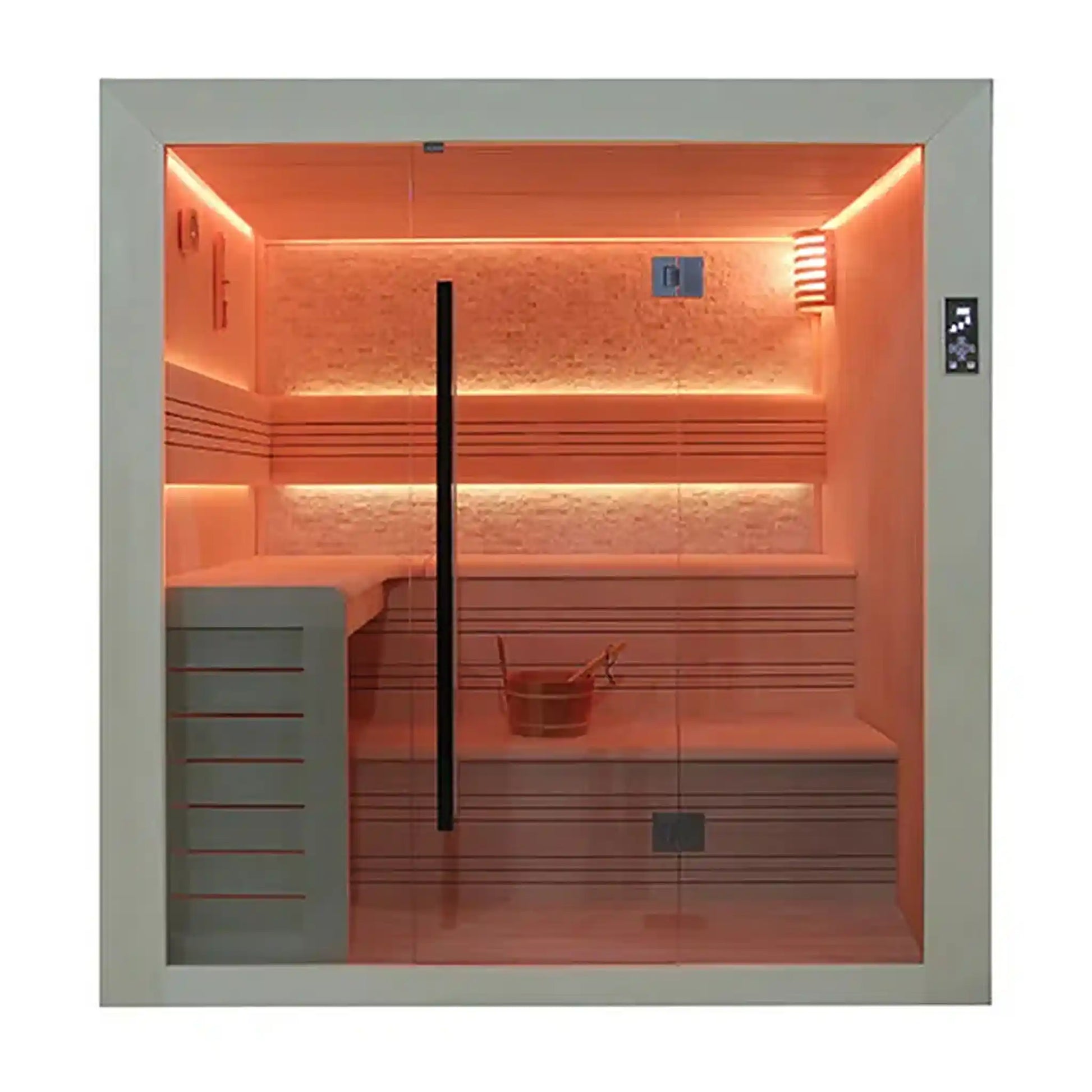 Infrared sauna with glass door and interior lighting