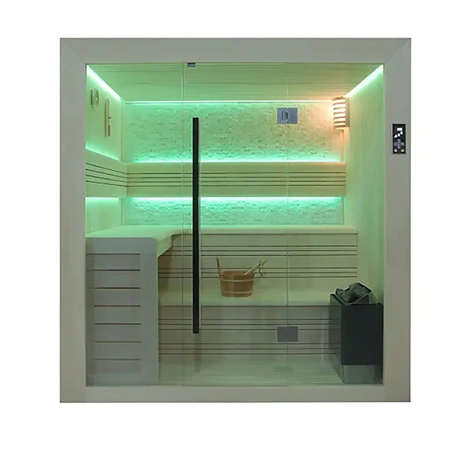 Modern sauna with green LED lighting and glass door.