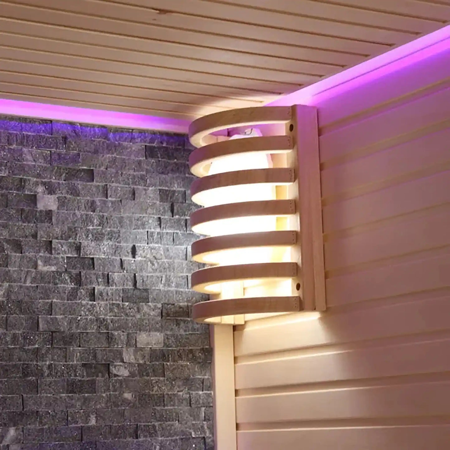 Wooden wall light fixture inside a sauna