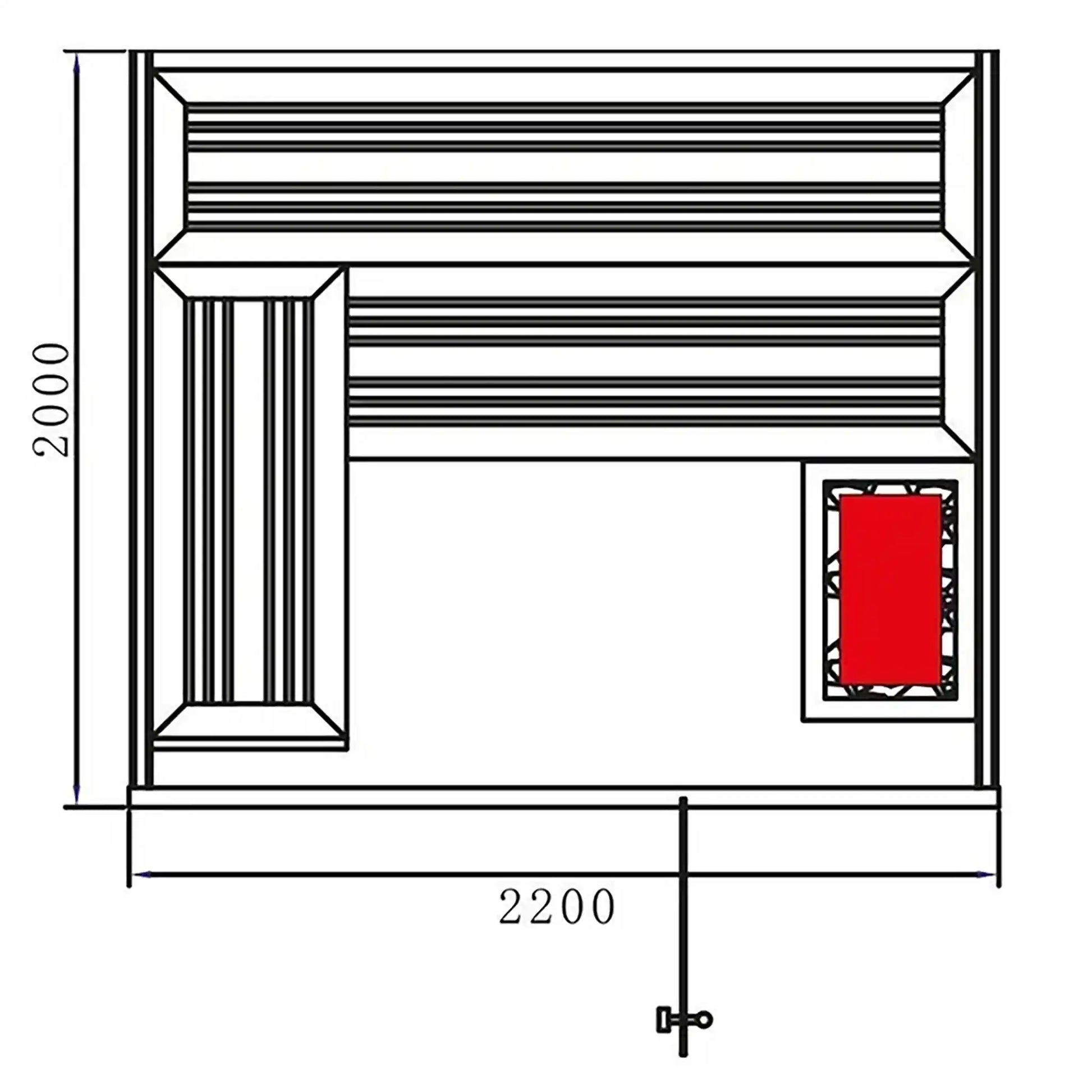 Drawing of aerial view of inside of a sauna with dimensions.