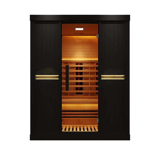 Wooden sauna with black exterior on white background