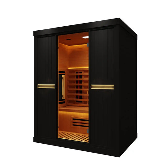 Wooden sauna with black exterior on white background