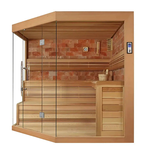 Wooden sauna with glass door on a white background