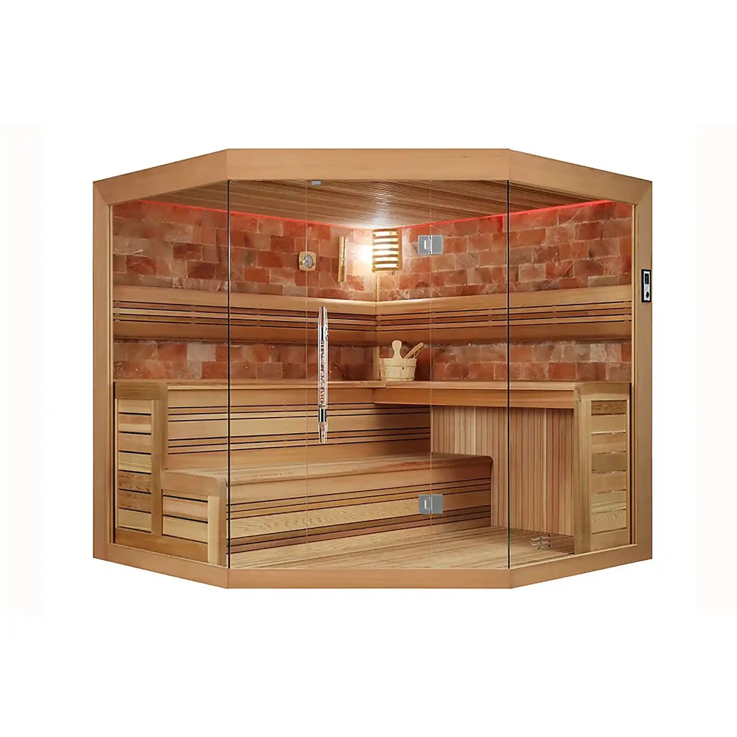 Wooden sauna with glass doors on a white background