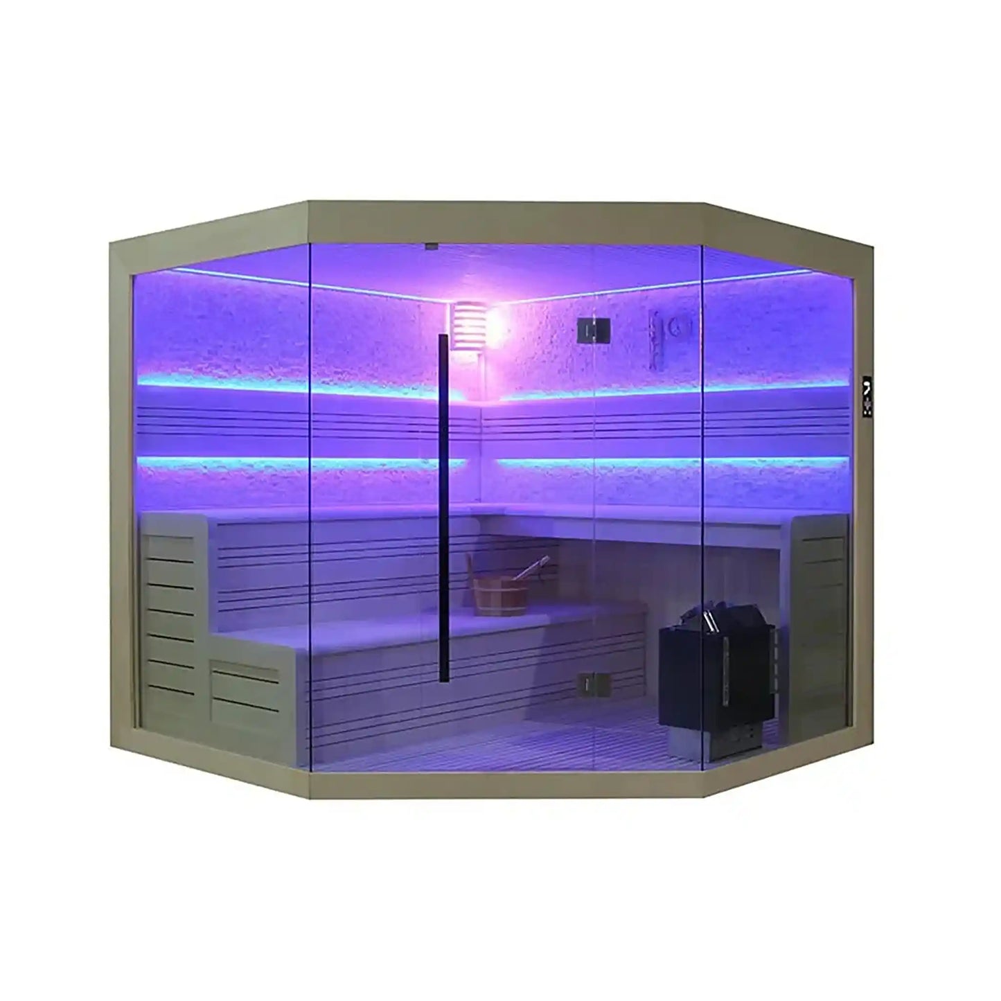 Corner sauna with purple LED lights on a white background