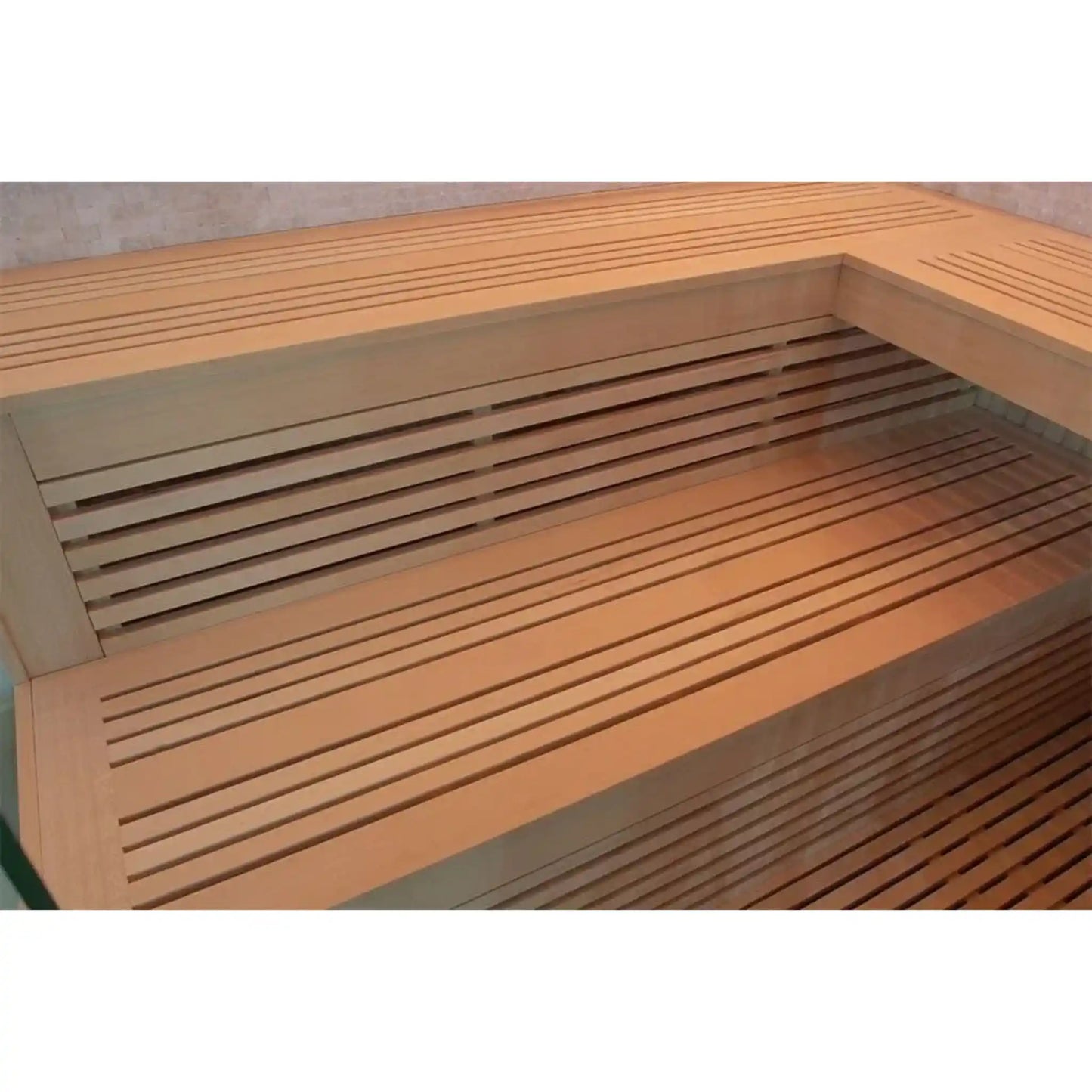 Wooden bench inside a Sauna with slatted design on a plain background