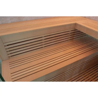 Wooden bench inside a Sauna with slatted design on a plain background